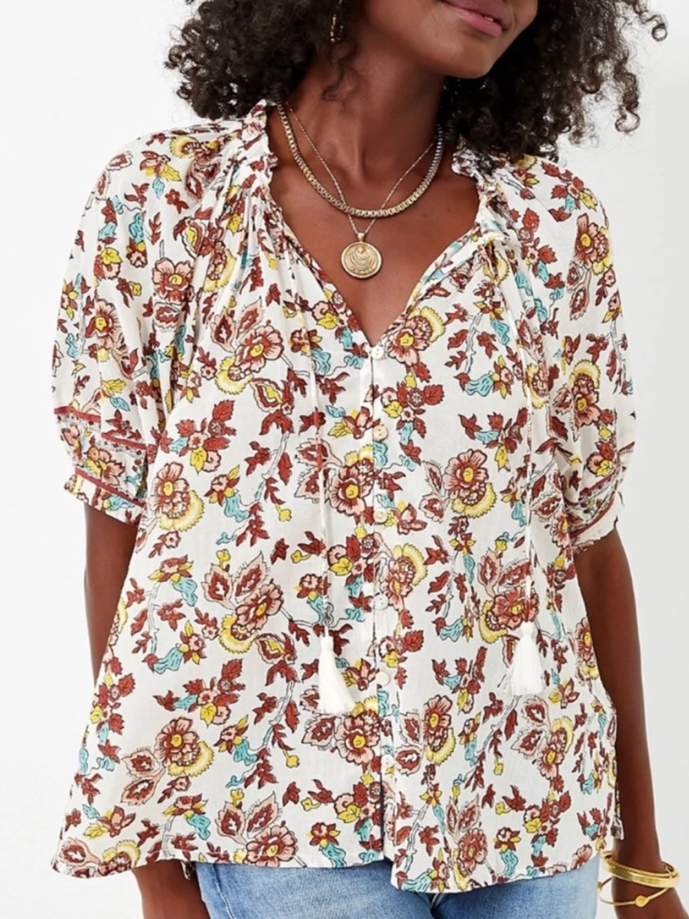 Tuckernuck Cleobella Iris Floral Tassel Tie Blouse Size‎ Medium Size Medium